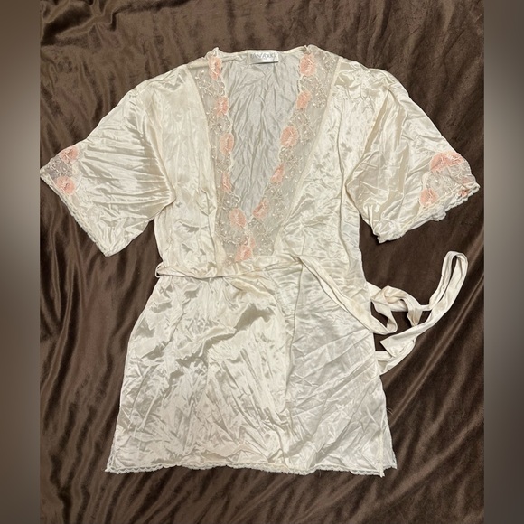 Rare VTG 70s Sans Souci Ivory Satin Lace Chemise & Robe Set 34/M Bridal - Picture 6 of 16